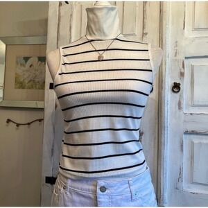 Striped Sleeveless Mock Neck Ribbed Tank Top White Black Minimalist Y2K Small
